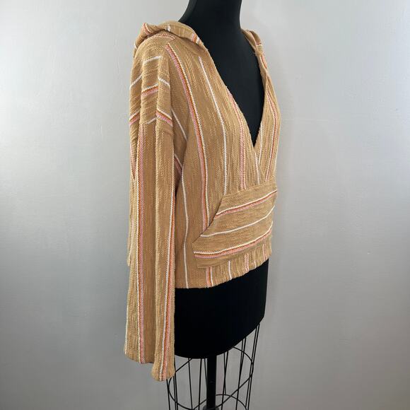L Space Beige M Wrap Top Cotton Paradise Sunrise Striped Hooded Pullover NEW - Picture 5 of 10